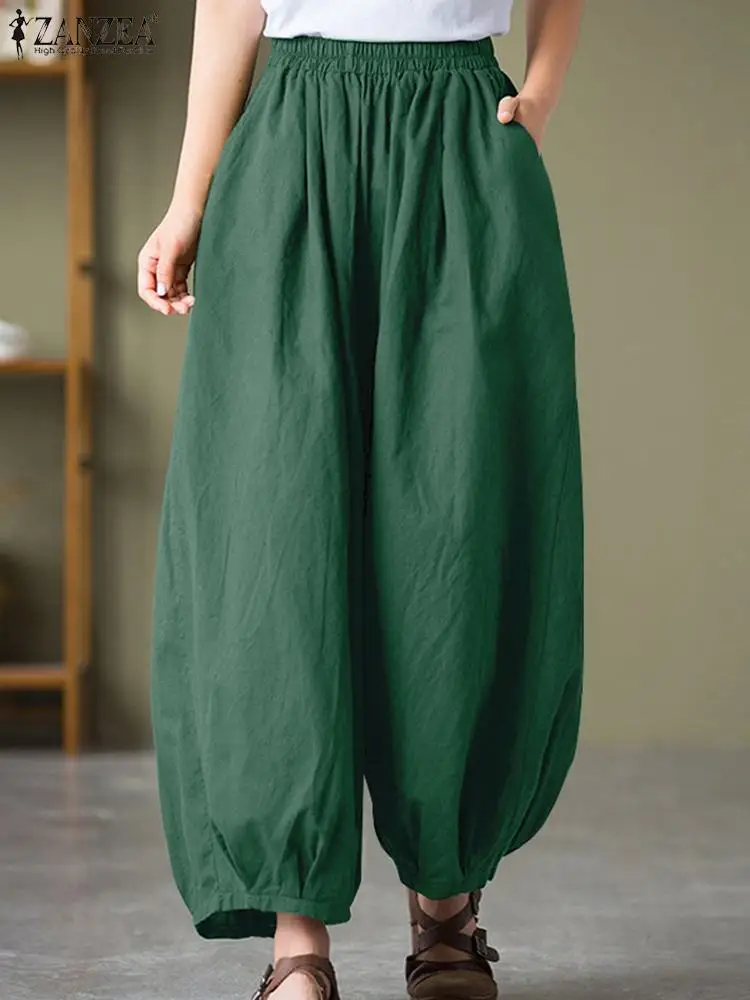 

2024 ZANZEA Vintage Trousers Female Cotton Long Pants Casual Loose Wide Leg Pantalon Solid Long Palazzo High Waist Work Capris