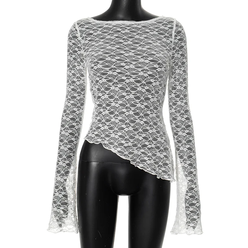 Sexy Lace Sheer T-shirt Cover-ups Women See Through Long Sleeve Asymmetrical Tees Shirt Ladies Floral Mesh Crop Tops Fashion