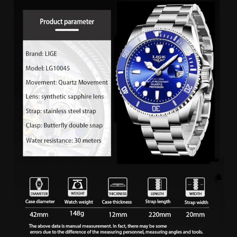 LIGE Quartz Men Watch Top Brand Luxury Fashion Watches for Men 30M Waterproof Wristwatch Casual Business Clock Relogio Masculino