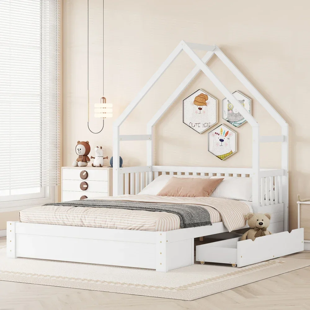 Children Beds Wood Queen Size House Platform Bed Guardrail and 2 Drawers,White Wooden Bed Bunk Beds for Kids Children Furniture 5