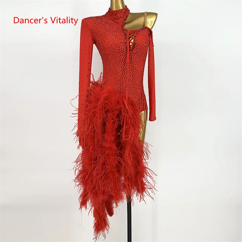 

Latin Dance Performance Costume Dress Senior Long Sleeves Feather Rumba Chacha Clothing Customized Latin Competition Outfit