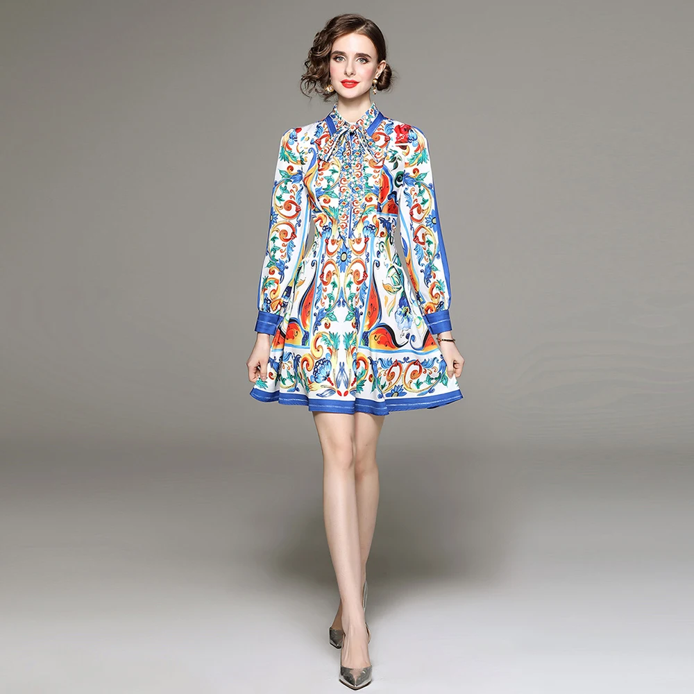 

Женское модельное мини-платье с отложным воротником, платье с длинным рукавом и сине-белыми фарфоровыми оборками, лето 2023