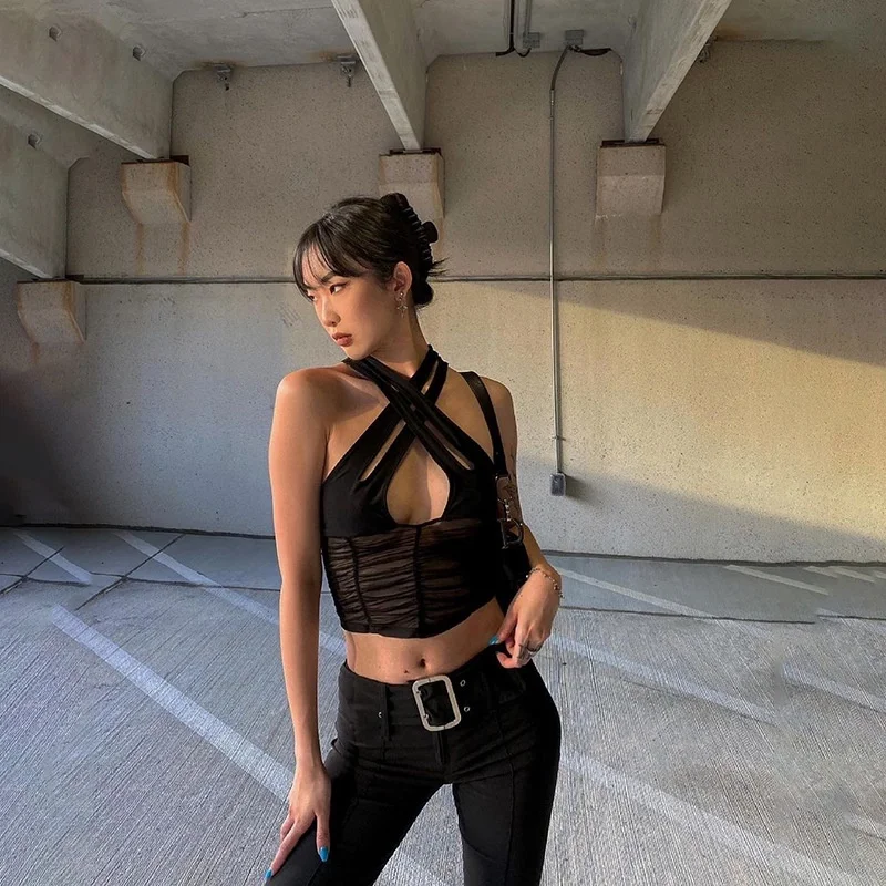 

Women's Sexy Hollow Pleated Crop Halter Top