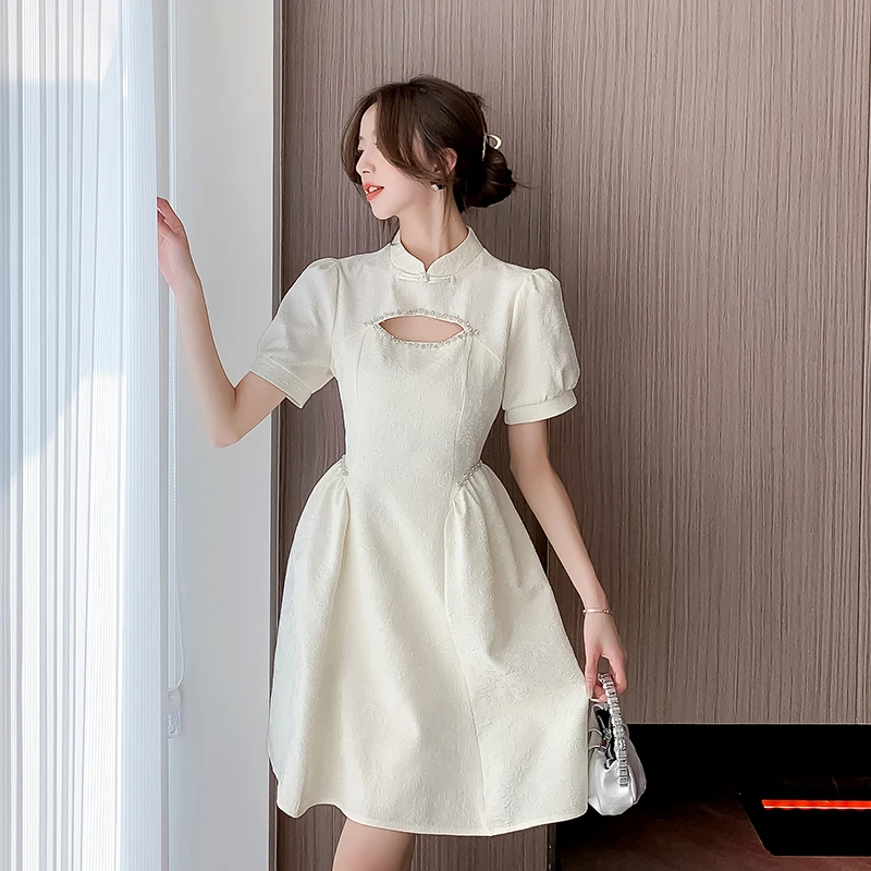 

Formal Dress Women Elegant Chinese Summer Puff Sleeve Evening Party Vestido Vintage Female Clothes Sexy Hole Cheongsam Dresses