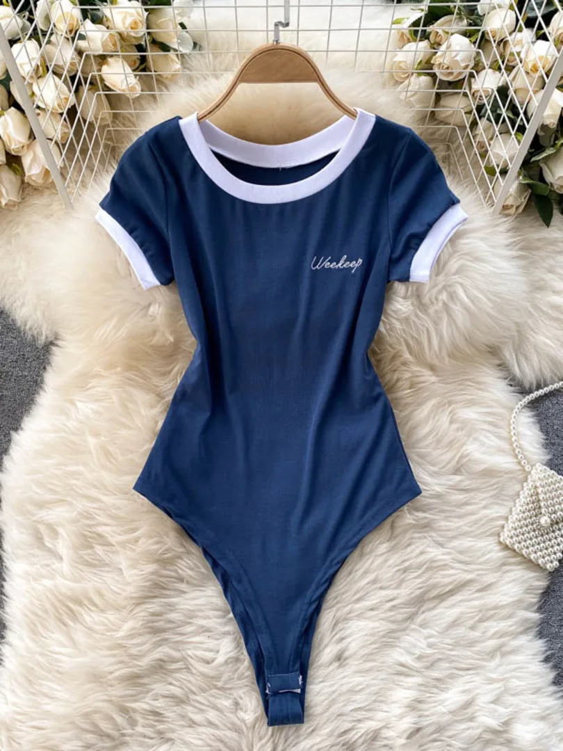 780196-0b8821.jpg Foamlina Short Sleeve Knitted Skinny Bodysuit Women Summer Fashion Color Block Letters Embroidery O-neck Slim Body Top Jumpsuit - Image 1