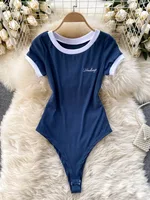 Foamlina Short Sleeve Knitted Skinny Bodysuit Women Summer Fashion Color Block Letters Embroidery O-neck Slim Body Top Jumpsuit