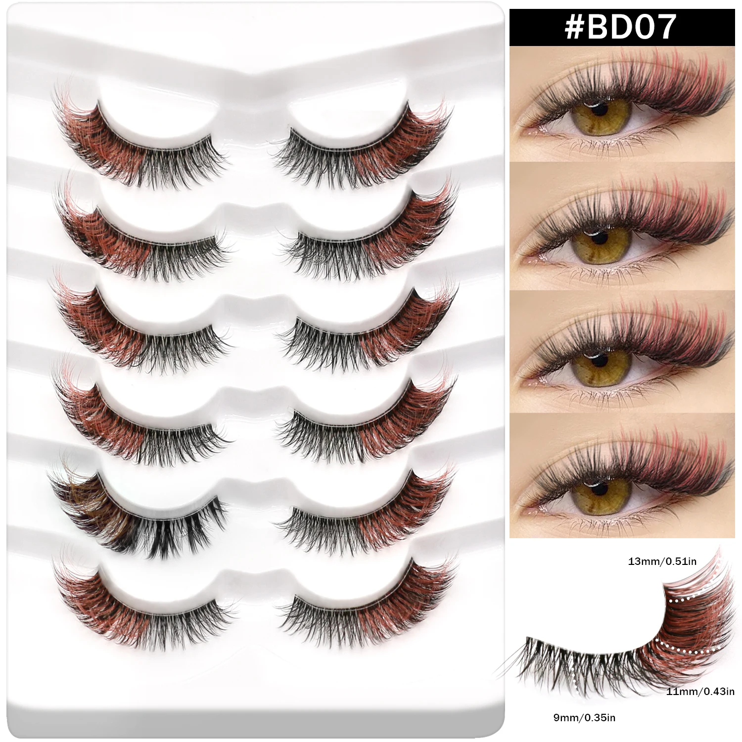 LASVIREY Braune Wimpern Flauschige Katzenaugen-Wimpern D-Curl Dichte Farbige Künstliche Wimpern Gemischte Streifen-Nerzwimpern mit Farbe am Ende – Detail 9