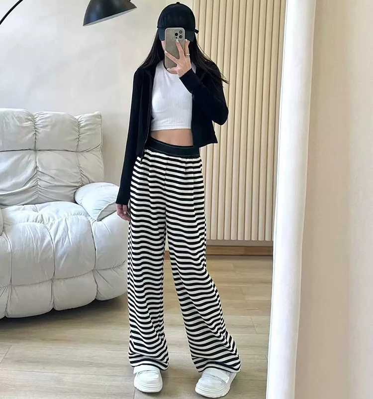 Lässige gestreifte Hose mit weitem Bein, gerade gestrickt, schlank machend, vielseitig, elastischer Bund, lässige Hose mit weitem Bein – Detail 2