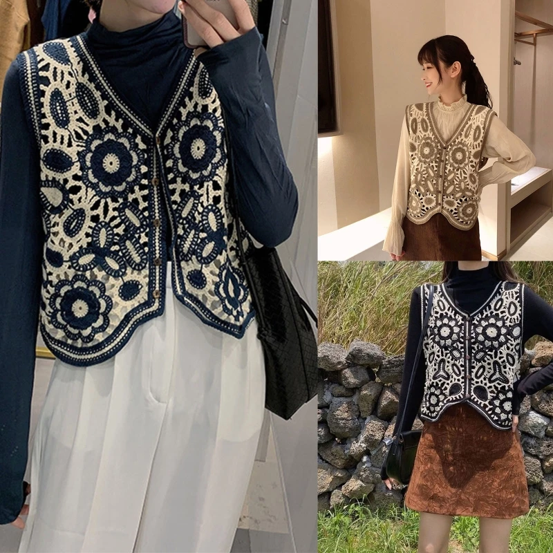 Women Spring Crochet Sleeveless Sweater Vest Waistcoat V-Neck Button Down Hollow Out Knit Ethnic Floral Leaves Cropped Cardigan