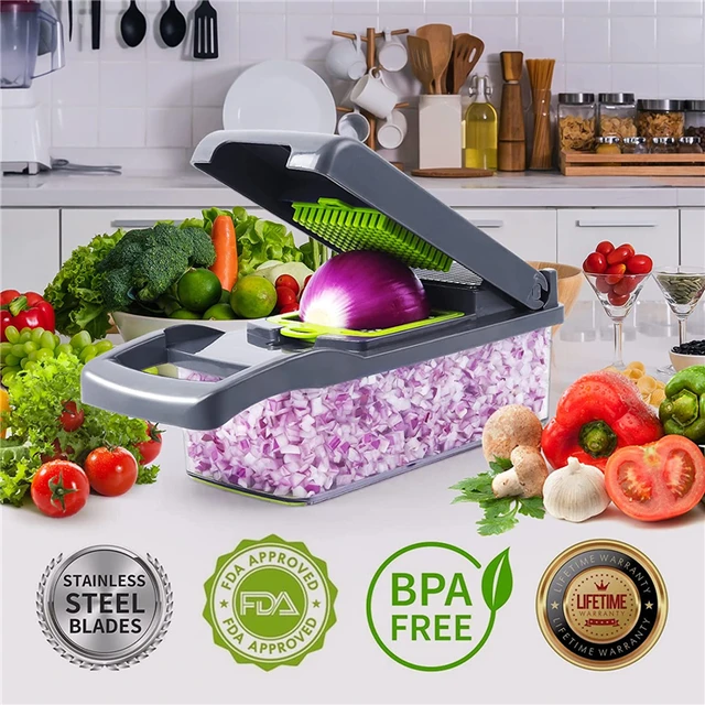 LMETJMA Vegetable Chopper Professional Mandoline Slicer Onion Chopper  Veggie Slicer with 8 blades and Filter Basket KC0451