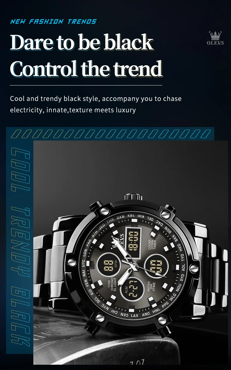 OLEVS-Relógios eletrônicos de luxo masculino, aço inoxidável,