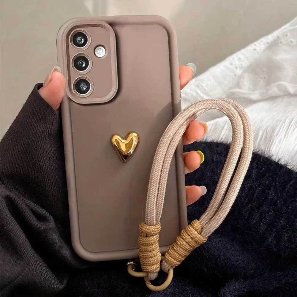3D Gold Heart Silicone Phone Case with Lanyard - Soft Cover