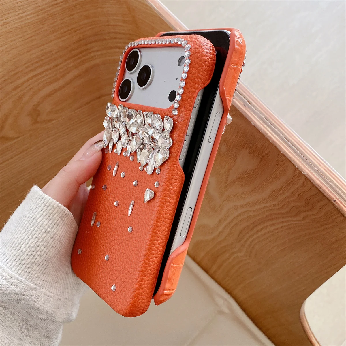 Luxury Orange Leather Glitter Diamond Phone Case with Rhinestone Accents
