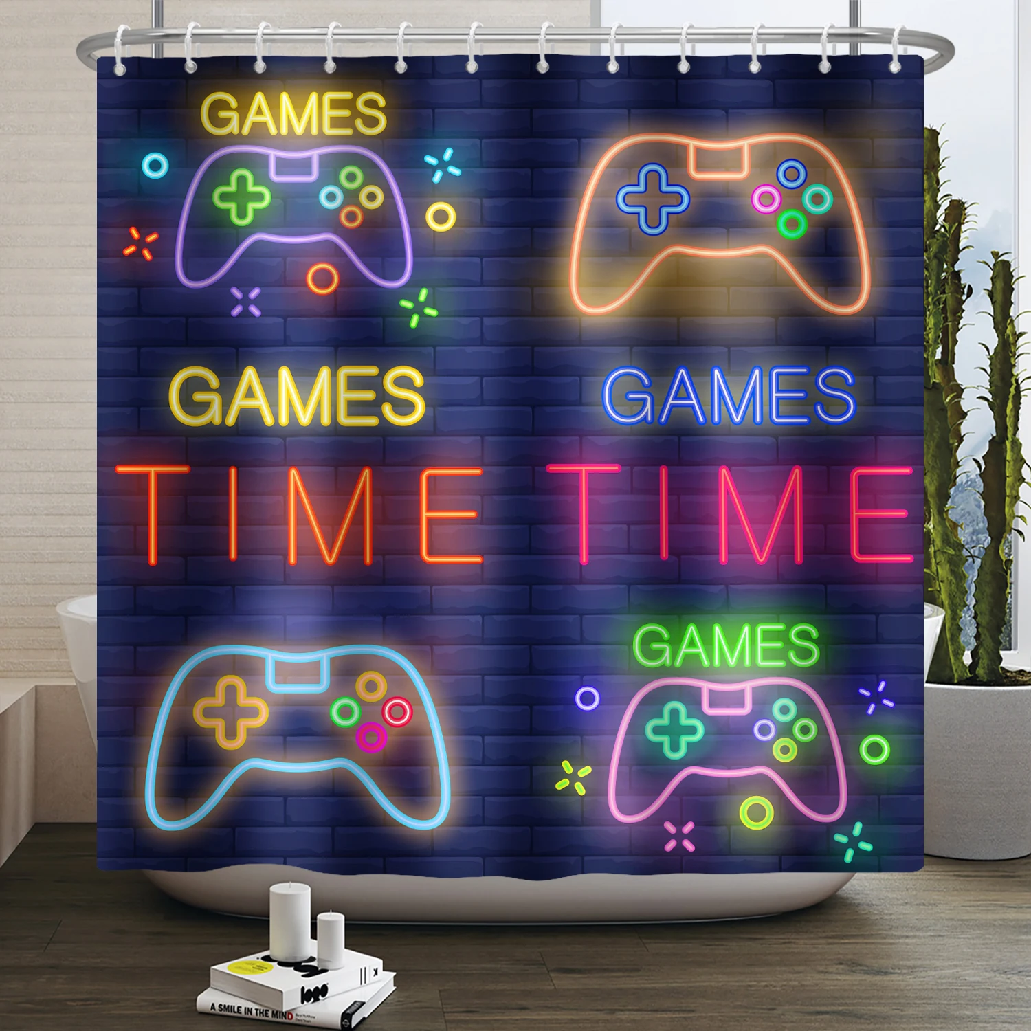 Games Time Shower Curtains Waterproof Bath Curtain for Kids Boys Classic Videogames Controller Bathroom Home Decor with Hooks