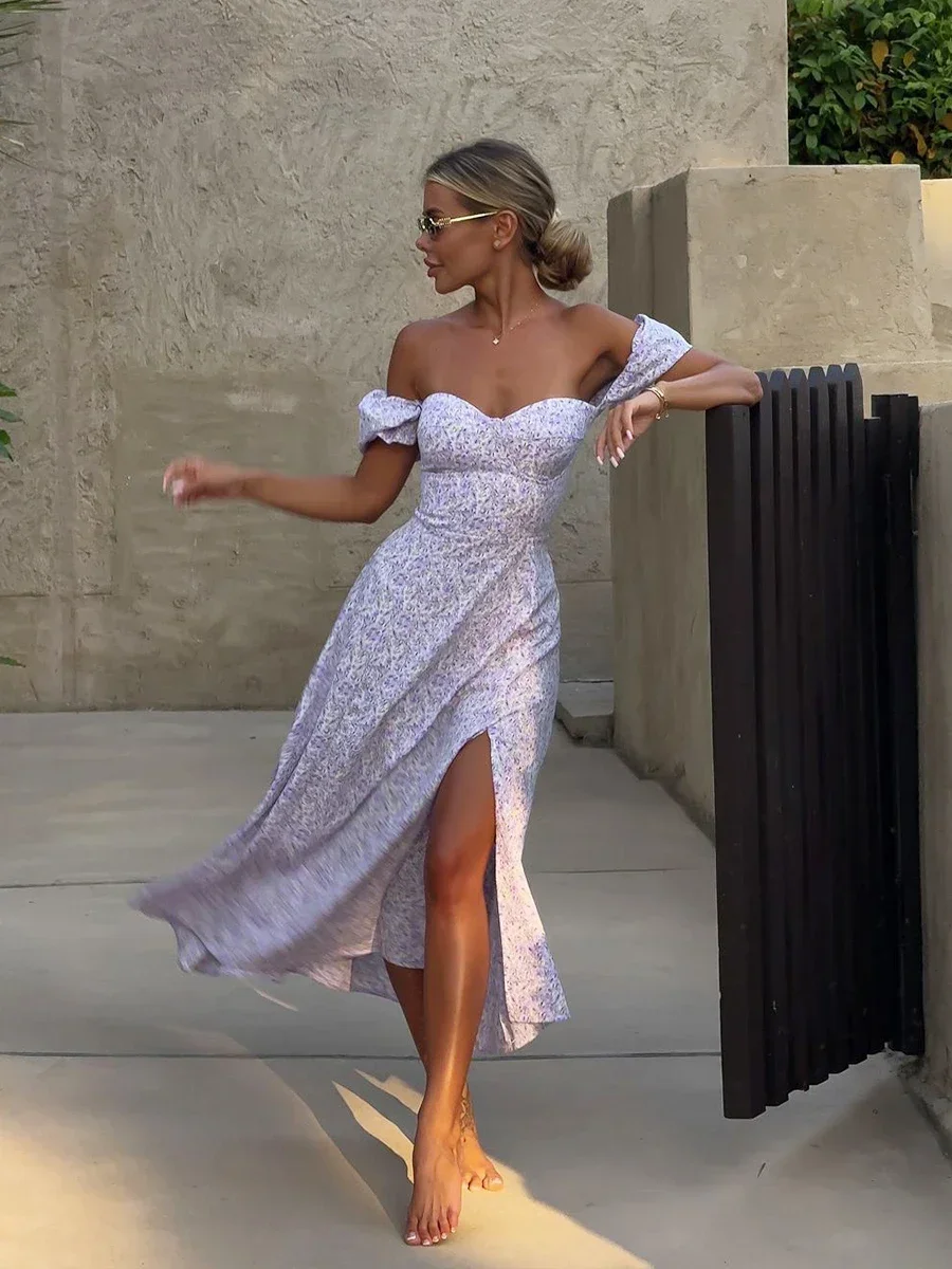 Bornladies Summer New Off Shoulder Floral Dress Women's Fashionable Slit Long Slim Fit Print Dress Sexy Hot Girl Evening Dresses