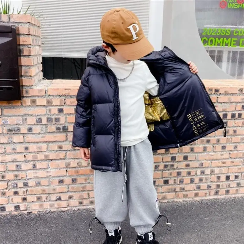 Winter High Quality Teen Boys' Thickened Warm Down Jacket Children Hooded Black White Duck Down Outerwear Letter Print 5-12 Yrs