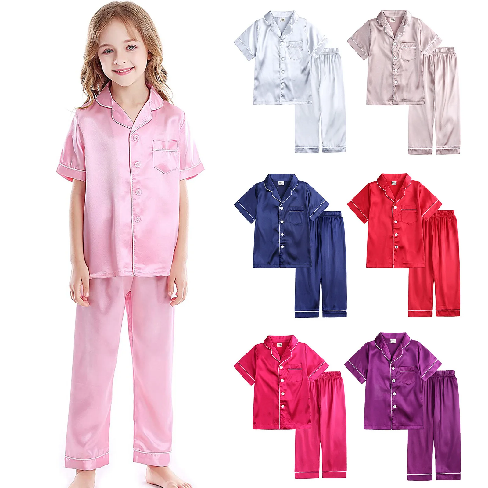 Ligeramente Individualidad Chirrido Conjunto de pijamas de seda satinada para niños y niñas, ropa de dormir de  manga corta con botones, 2 piezas - AliExpress