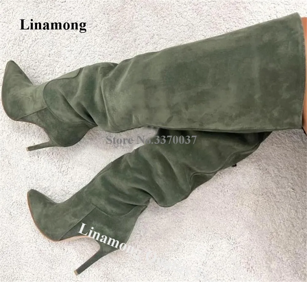 

Linamong Army Green Beige Suede Knee High Thin Heel Boots Sexy Pointed Toe Slip-on Stiletto Heel Long Boots Big Size Boots