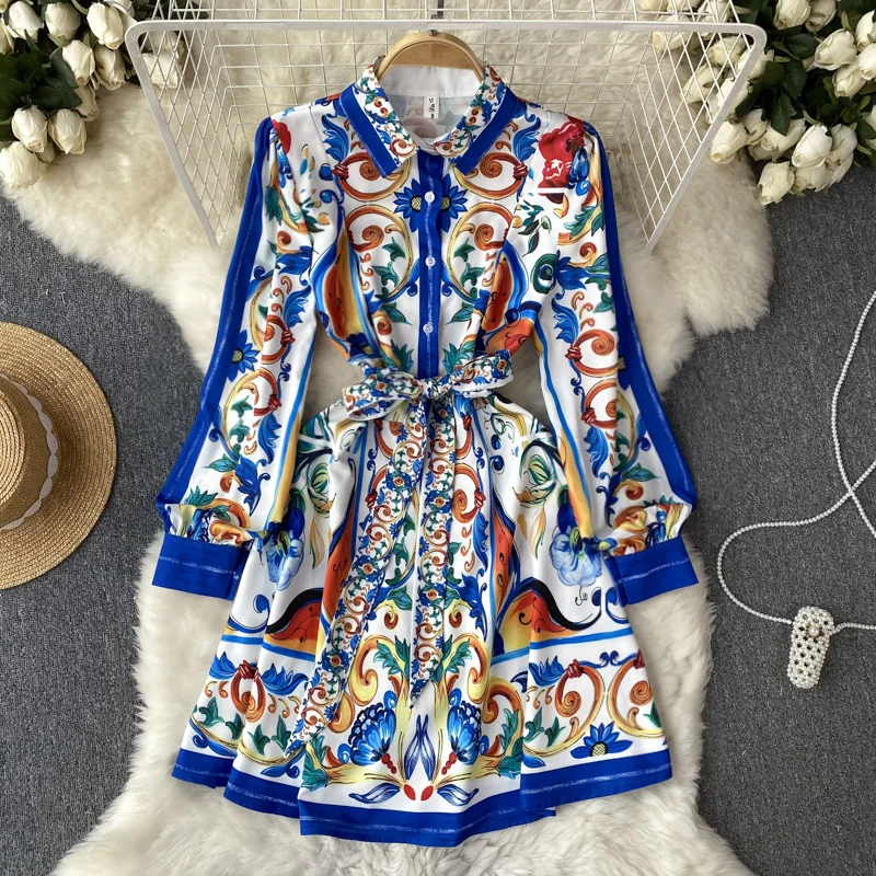 

Spring Summer Runway Blue And White Porcelain Dress Women's Lapel Long Lantern Sleeve Belt Lace Up Ruffles Mini Vestidos N2024