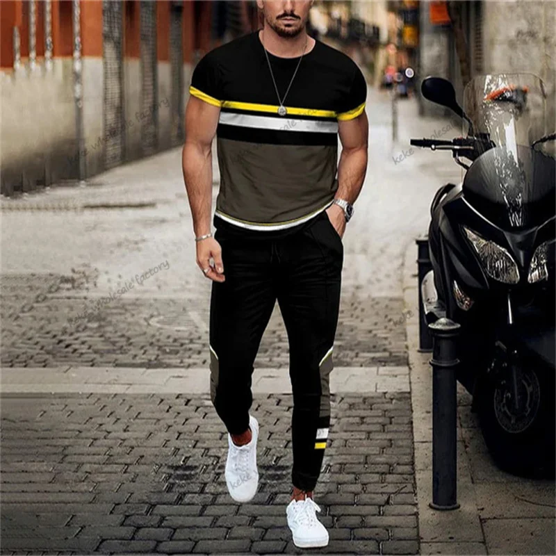 Mens T-shirts+Trousers Suit Stripe Spring Solid Color 3d Printed Tracksuits Short-sleeve Long Pants Oversize Outfit 2 Piece Set