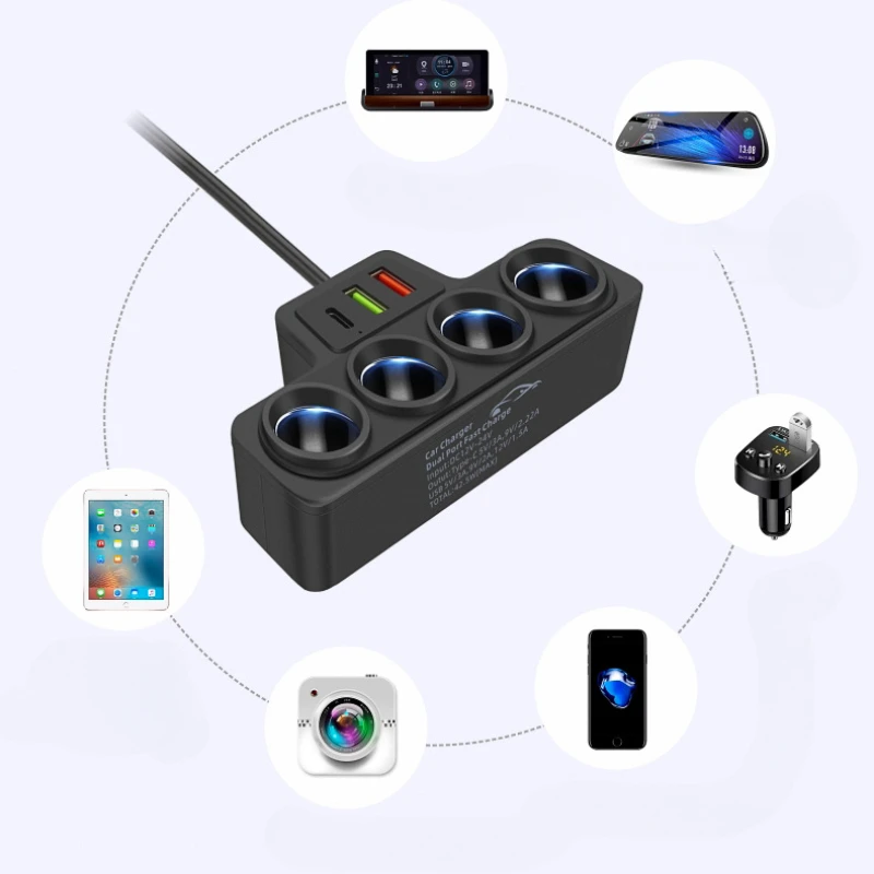 120W Car Phone Charger Cigarette Lighter Adapter PD 3.1A QC3.0 Multi Ports Quick Charge USB Charging Socket Splitter Plug 4