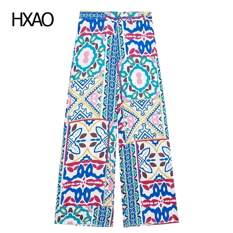 

HXAO Print Summer Pants Women's Pants Satin Elastic Waist Baggy Pants Woman TRAF Wide Leg Pants Women Boho High Waist Pants