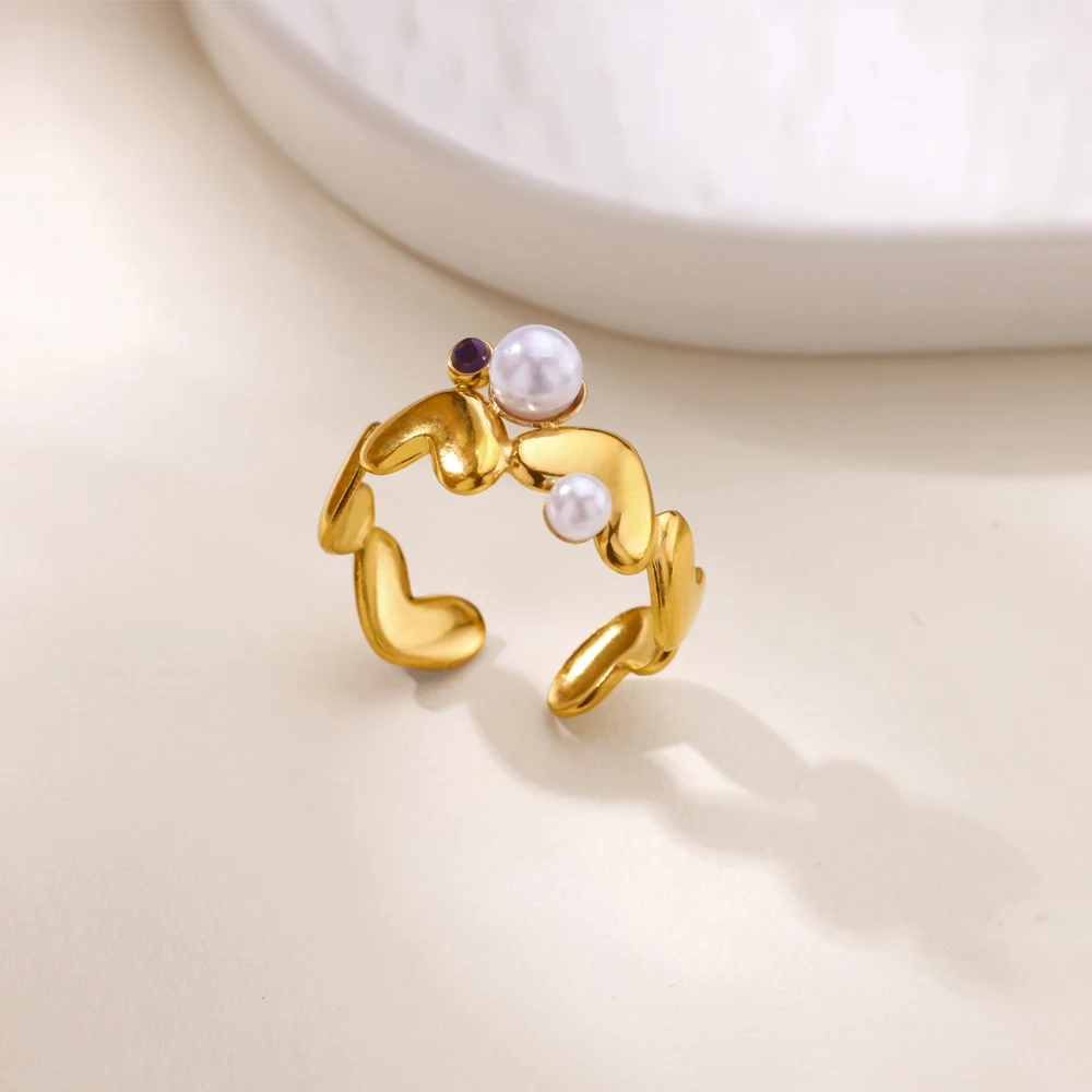 Stainless Steel Imitation Pearl Heart Ring For Women