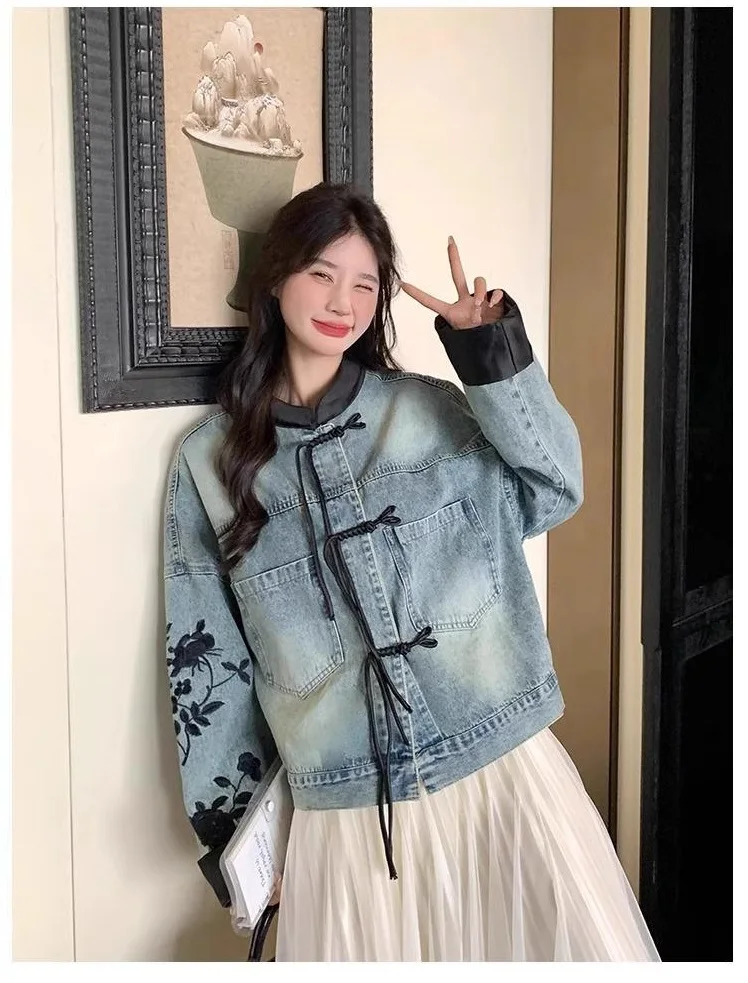 Chic Denim Jacket Women's Outwear 2026 Spring Autumn New Chinese Loose Embroidered Plus Size 3XL Jeans Short Coat Tops