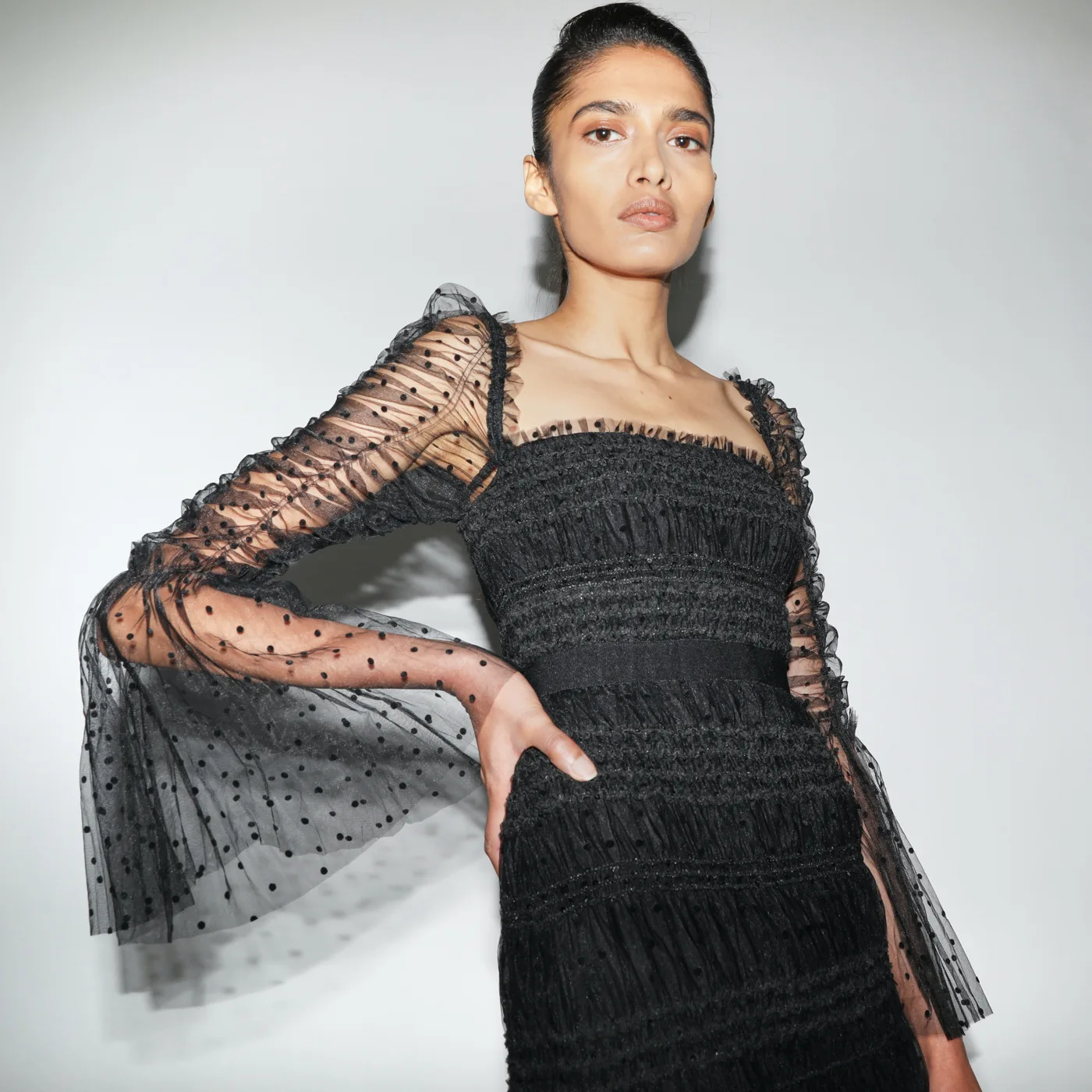 

Dot Pleated Black Midi Retro Lace Creep Mesh Trumpet Sleeves Square Neck Sequin Embellished Luxury Party Banquet Dress