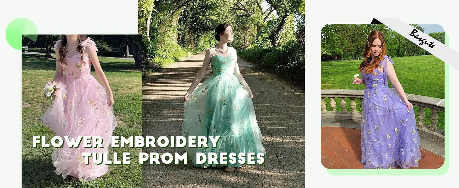 Flower Embroidery Tulle Prom Dresses Long Spaghetti Strap Fairy Ruched Formal Evening Party Gown