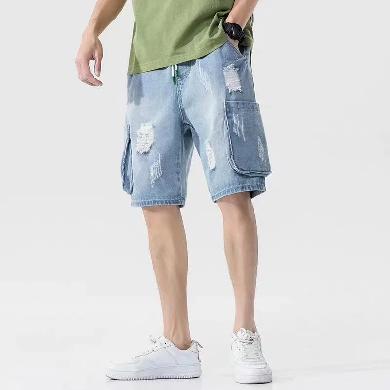 

Gray Ripped Male Denim Shorts Korean Fashion Spanx Summer Y2k with Free Shipping Baggy Distressed Jorts Men's Short Jeans Pants