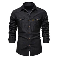 Chemise en denim en coton élastique pour hommes, manches longues, poche pour documents, chemises monochromes pour hommes, coupe couvertes décontractée, vêtements de créateurs, haute qualité 1
