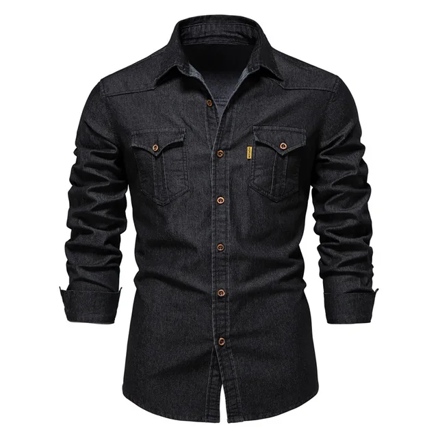 Chemise en denim en coton élastique pour hommes, manches longues, poche pour documents, chemises monochromes pour hommes, coupe couvertes décontractée, vêtements de créateurs, haute qualité 1