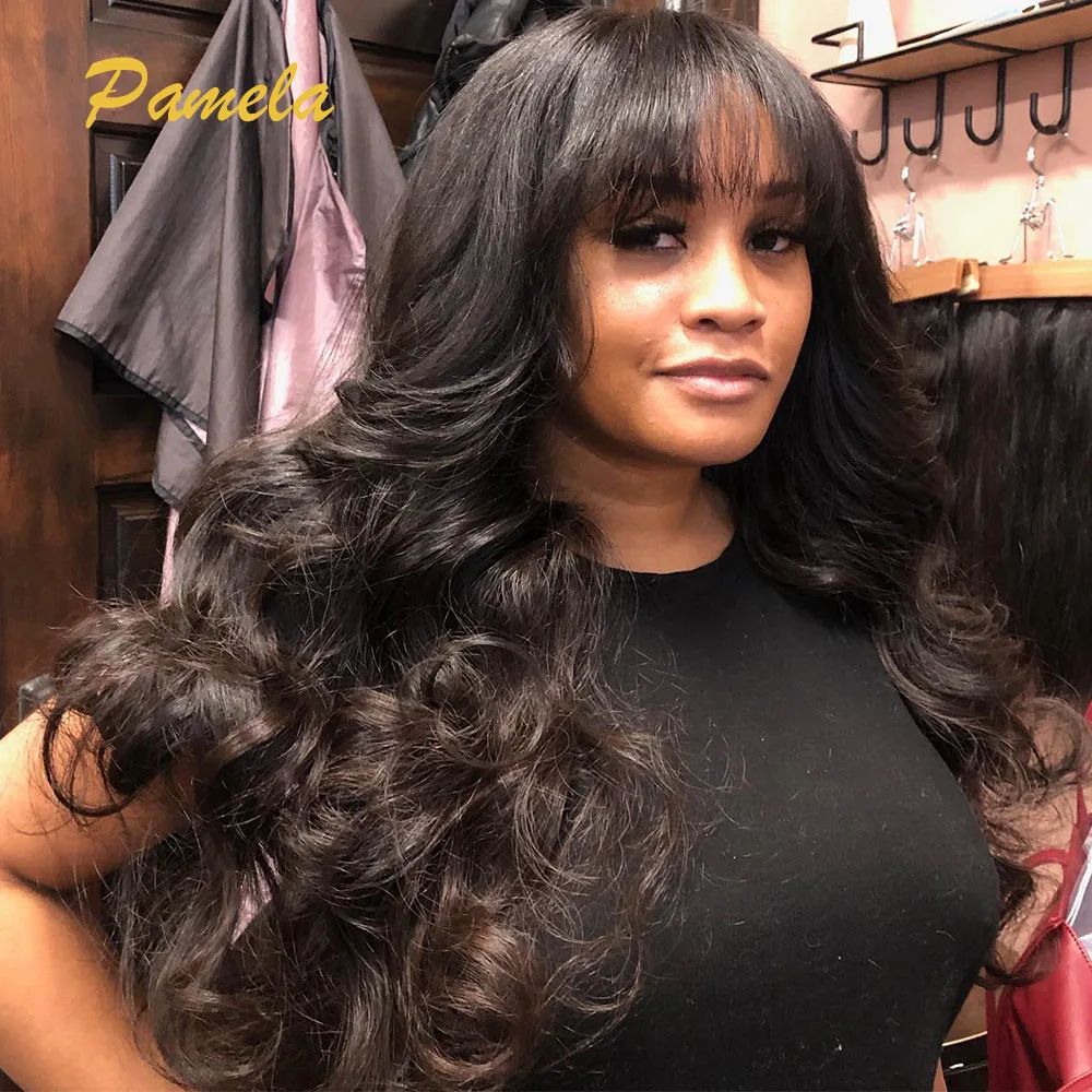 Glueless Super Double Drawn 250% Density Loose Deep Wave With Bangs 4X4 HD Transparent Lace Frontal Human Hair Wigs For Women