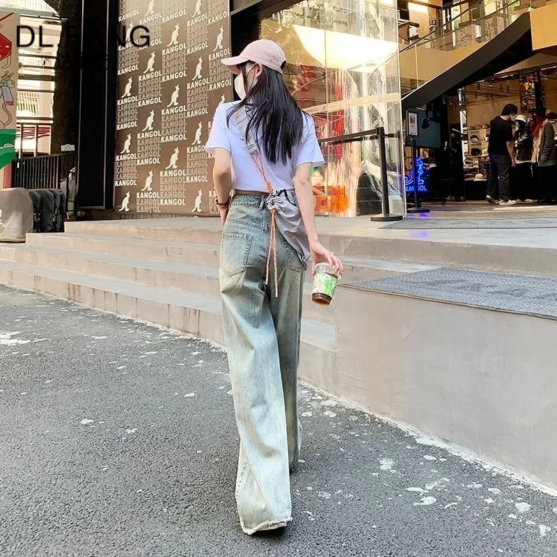 Worn Pants Vintage Cement Yellow Straight Tube Loose Relaxed Hip-hop Fashion Jeans Women High Waist Slim Wide Leg Pants