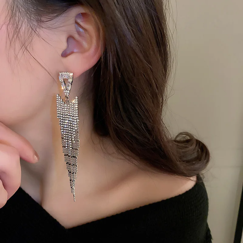 Real 925 Sterling Silver Needle Long Dangle Drop Earrings Women Jewelry Black Triangular Punk Rock Female Earrings