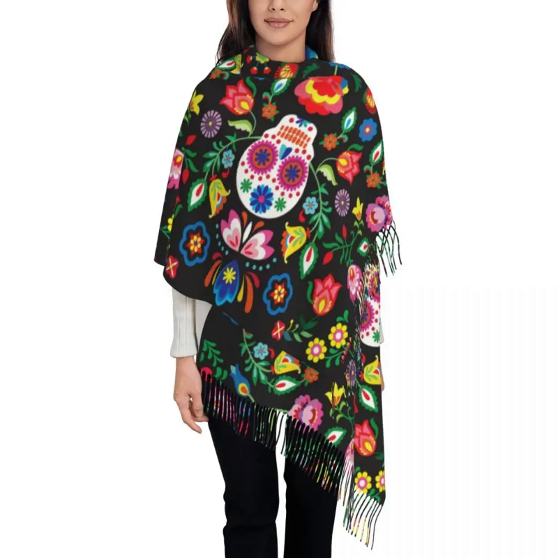 

Women's Tassel Scarf Mexican Floral Skull Long Soft Warm Shawl and Wrap Flowers Daily Wear Cashmere Scarf
