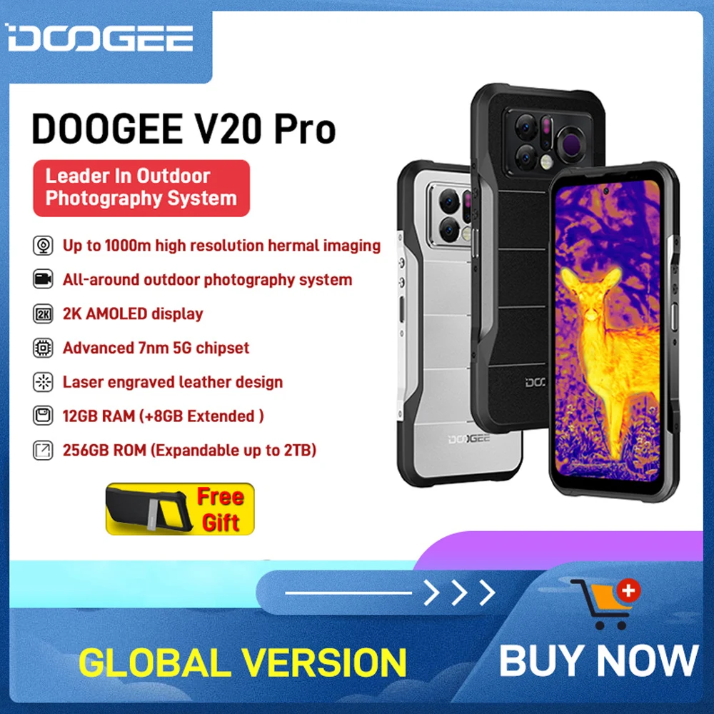 Doogee V20 Pro Rugged Phone 1440*1080 Risoluzione Di Imaging Termico 5G 7Nm Cellulare 12Gb + 256Gb 6.43 "2K Amoled Display Smartphone