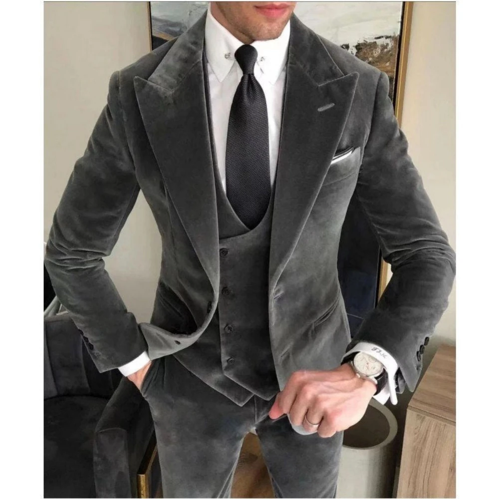 Business Gray Velvet Blazer Sets Wedding Men's Suits Slim Fit Custome Homme Elegant Formal 3 Pieces Outfits Jacket+Pants+Vest 2