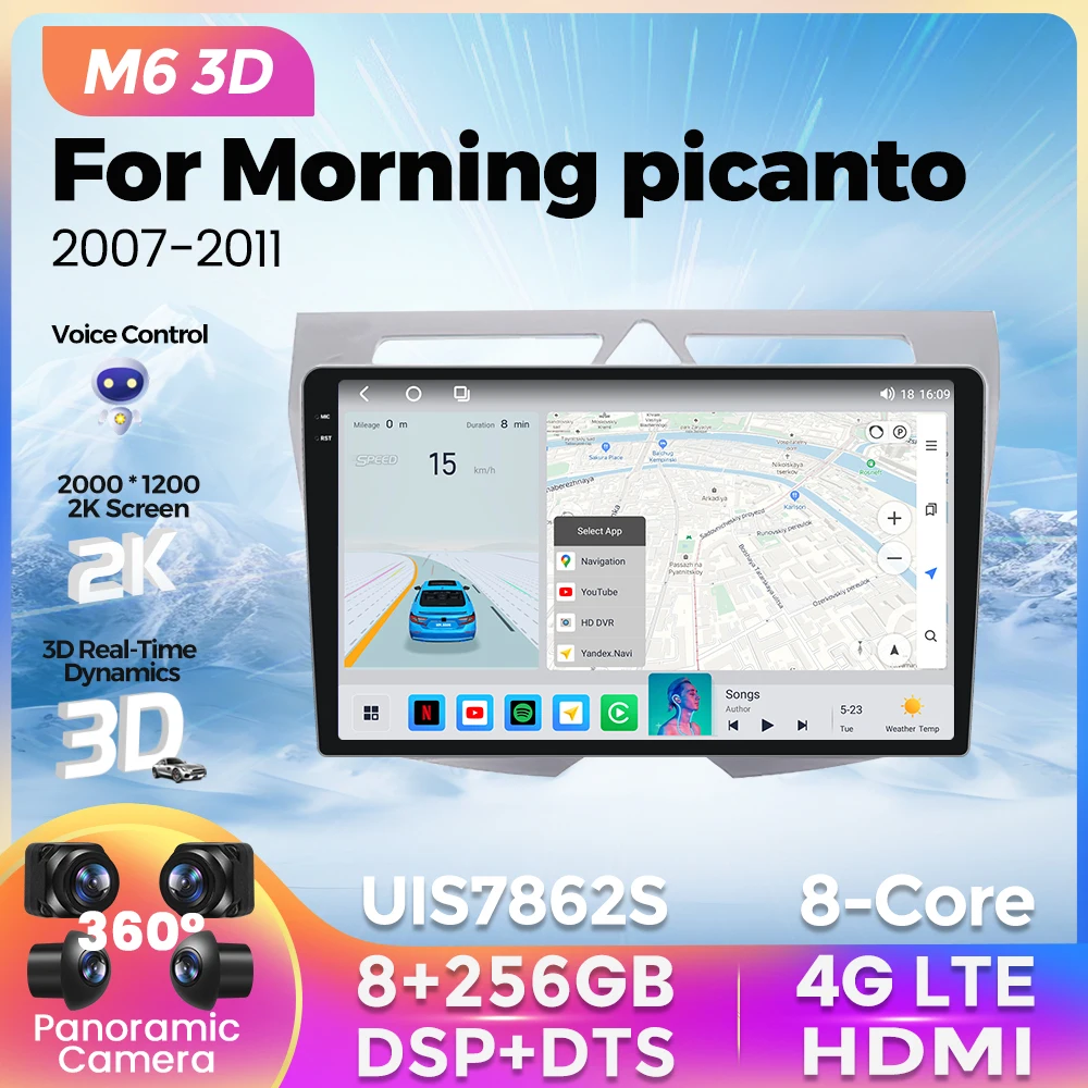 

M6 Pro 3D UIS7862S 8G+256G Carplay Автомагнитола 2Din Для KIA Morning Picanto 2007-2011 Android 12 Навигация GPS Мультимедиа Видеоплеер