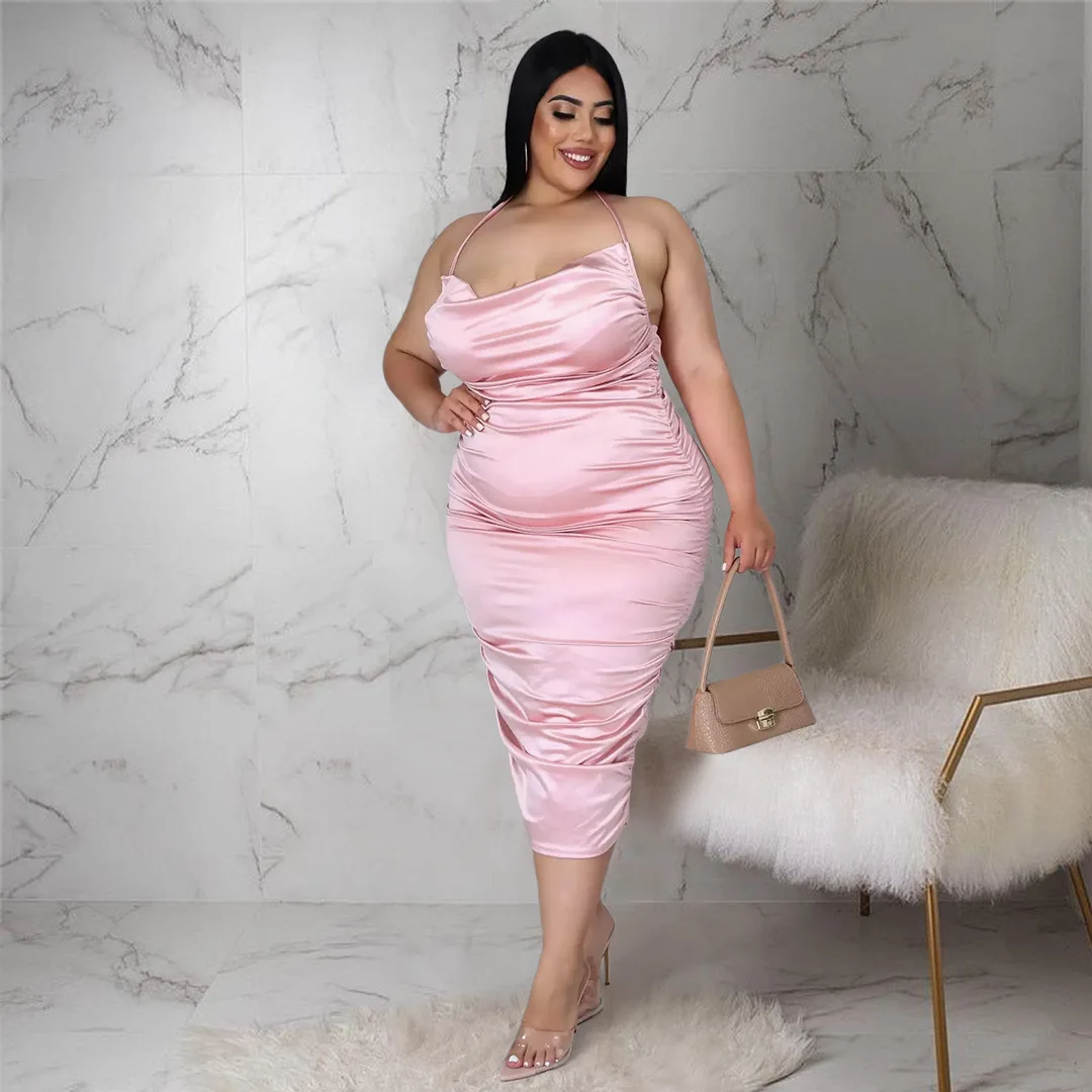 Plus Size Women Elegant Dresses Summer Solid Party Sleeveless Dresses Lady Fashion Prom Evening Gowns 2022 Club Silk Outfits