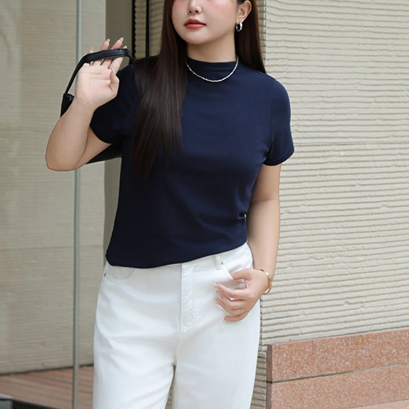 Plus Size Women's T-Shirt Premium Commuter Mock Neck Short Sleeved Top Retro Solid Color Tees Summer Autumn 8879