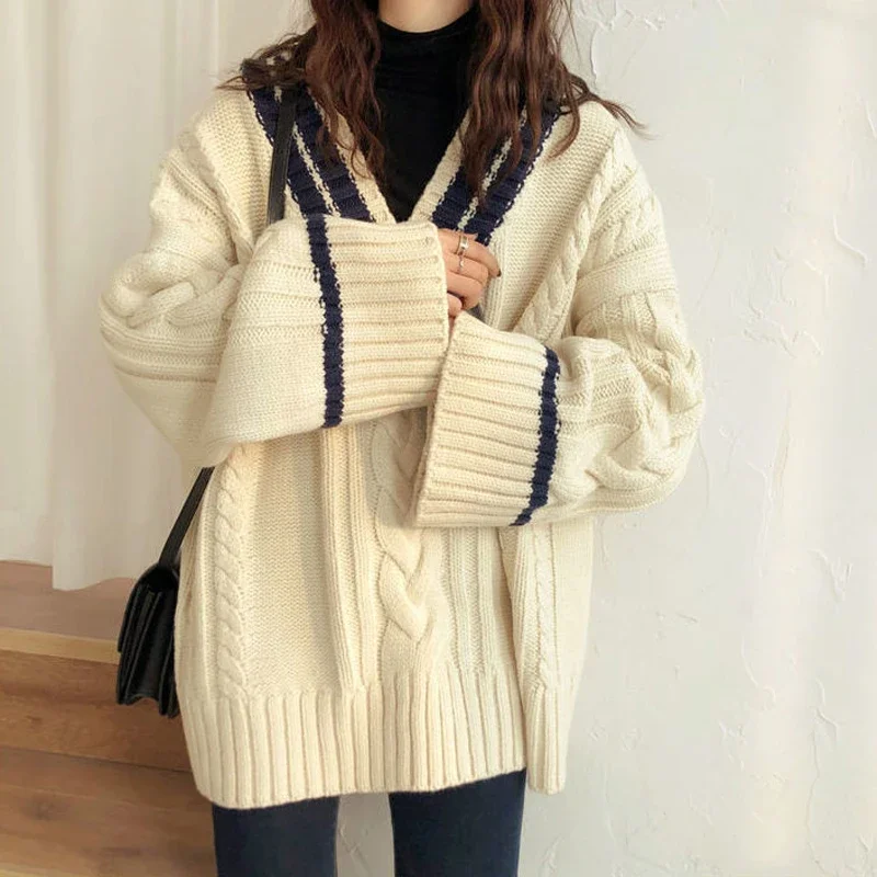 

Varsity Sweater Cable-knit V-Neck Pullover Jumper for Women Autumn Winter Preppy Outfit