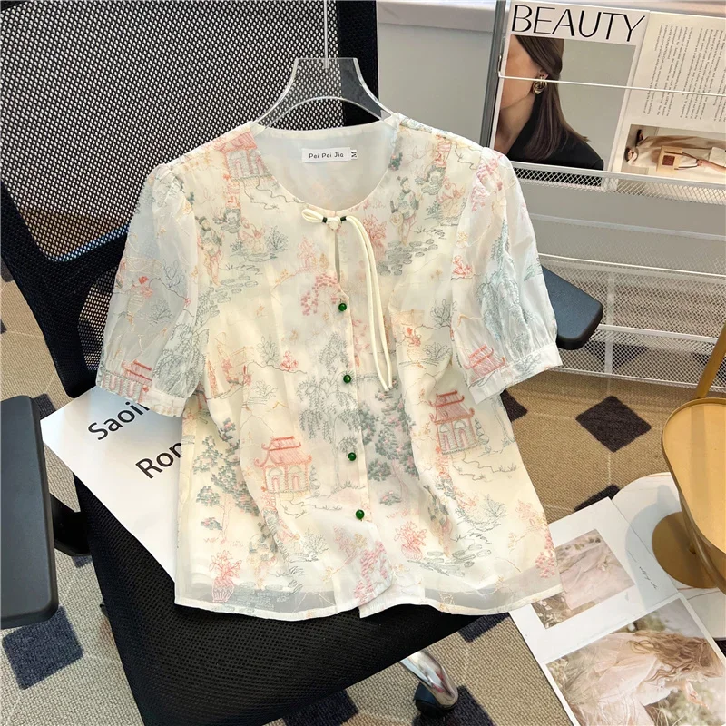 

Женские рубашки с винтажной вышивкой, трендовые свободные шифоновые топы с коротким рукавом, Корейская одежда, Распродажа женских блузок в китайском стиле, 2024