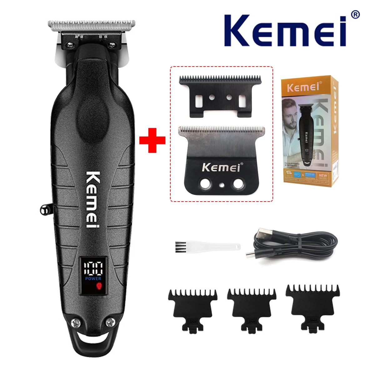 Kemei KM-2293 전문 헤어 트리머 기계 제로 갭 풀 메탈 DLC T-블레이드 마무리 기계 USB LED 남자 헤어 클리..