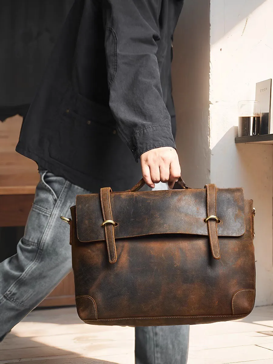 Nasva Echt leder Herren Aktentasche Vintage Handtasche große Kapazität Pendler tasche verrückte Pferd Leder lässige Laptop tasche – Detail 2