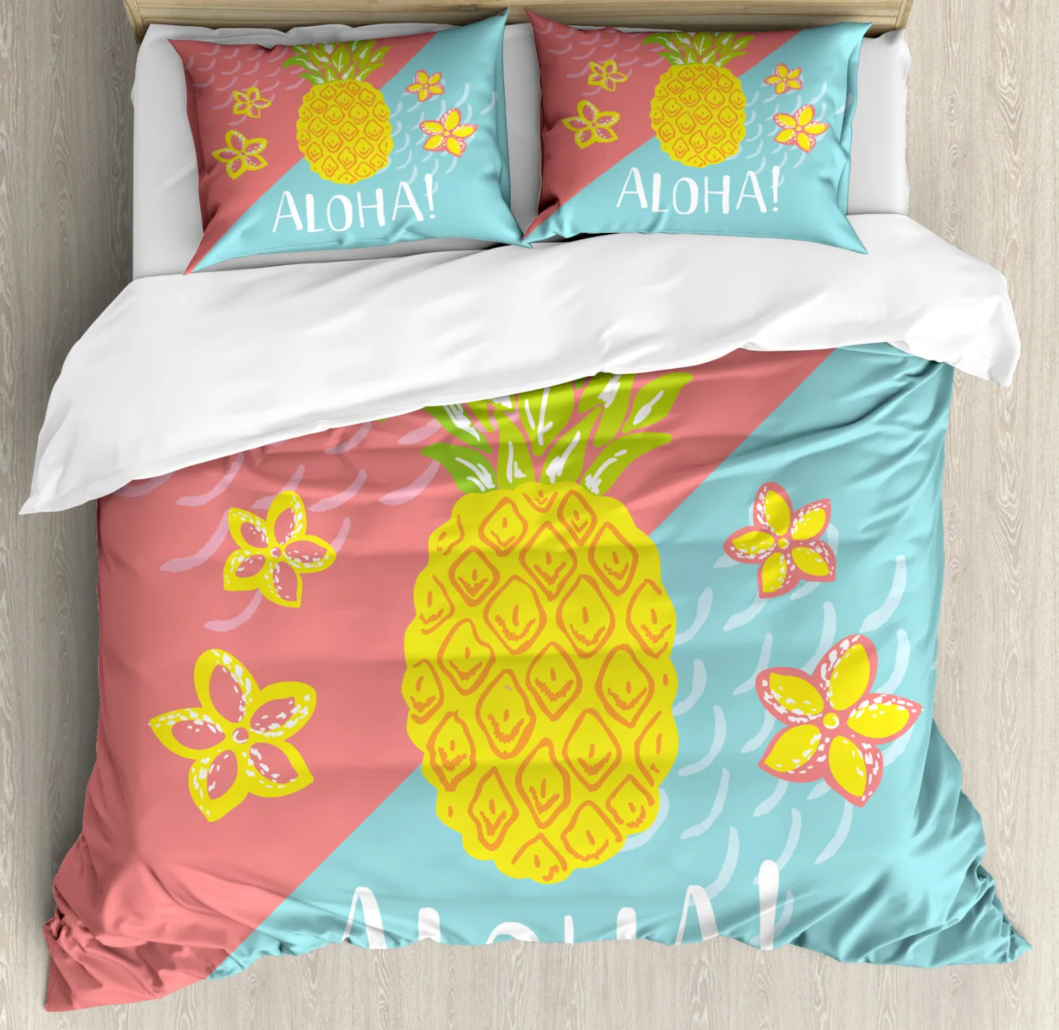 Pineapple Kid Duvet Cover Set King/Queen Size,Exotic Tropical Fruit Food Illustration Print Bedding Set with 2 Pillow Shams,Blue 