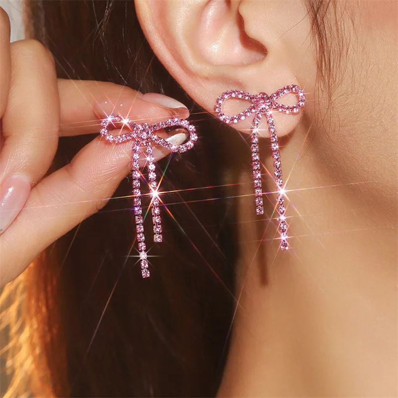 Rhinestone Bowknot Drop Earrings Women Multicolor Bow Tassel Dangle Earring Girls Wedding Party Jewelry Gift