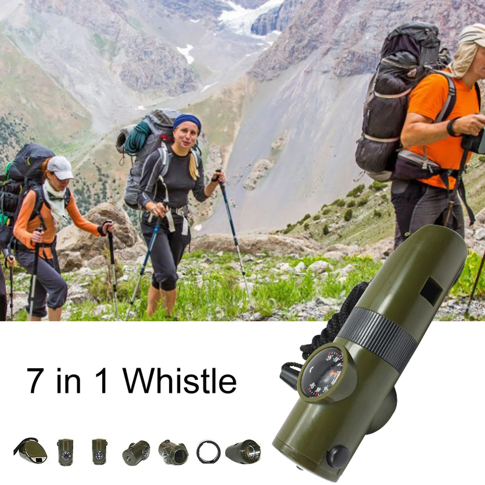 7 In 1 Whistle Survival Bushcraft Trekking Whistle Compass Mirror Torch Magnifier Led Light Thermometer Storage Compass Tools