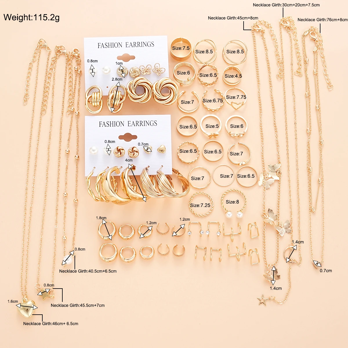 68 Pcs Boho Chic Jewelry Set Vintage Heart Pearl Zircon Butterfly Pendant Earrings Ring Necklace For Women Daily Wear Gifts 2024